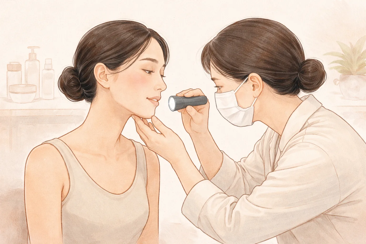 마스크를 쓴 의료진이 손전등으로 여성의 볼을 살펴보는 모습