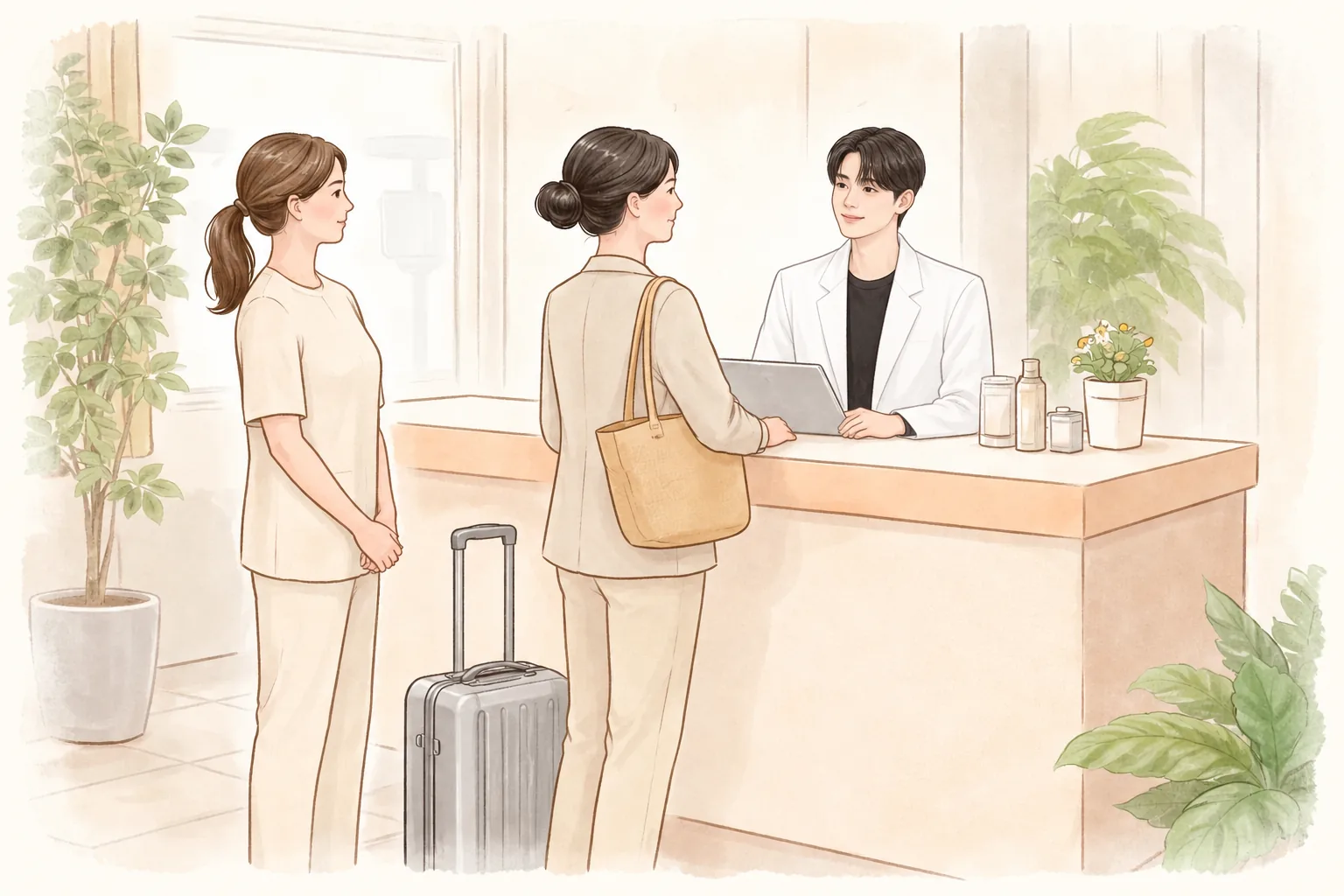 受付で女性2人と男性受付担当が話しており、そばにスーツケースが置かれている。