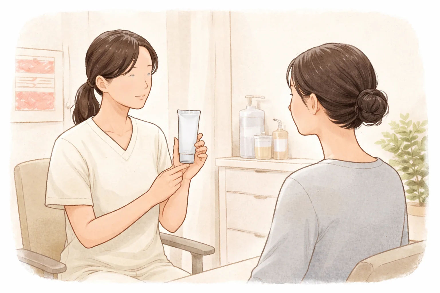 Clinician holding a small ointment tube while explaining to a patient