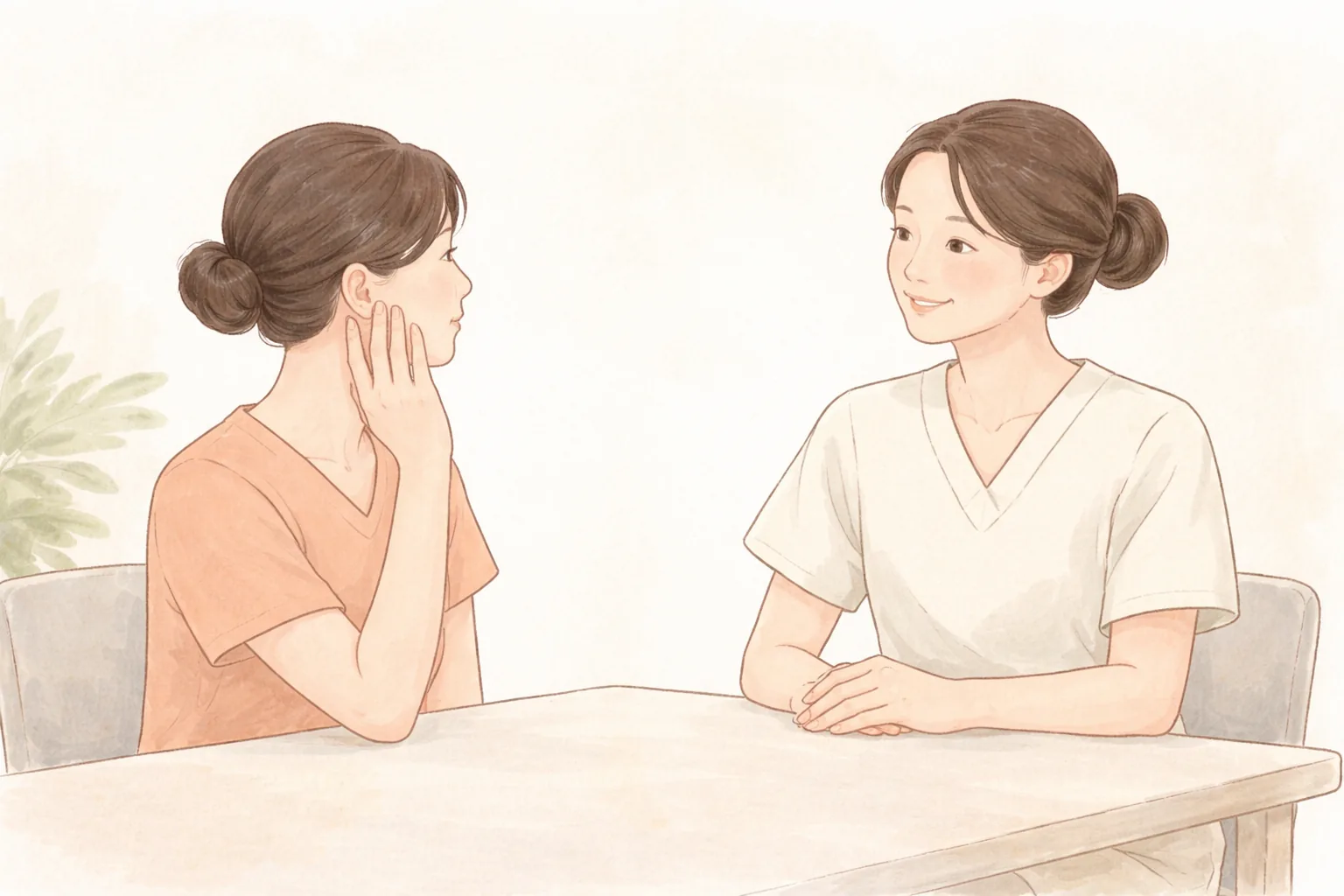 2人の女性がテーブルに座って話し、1人が頬を指さしている様子