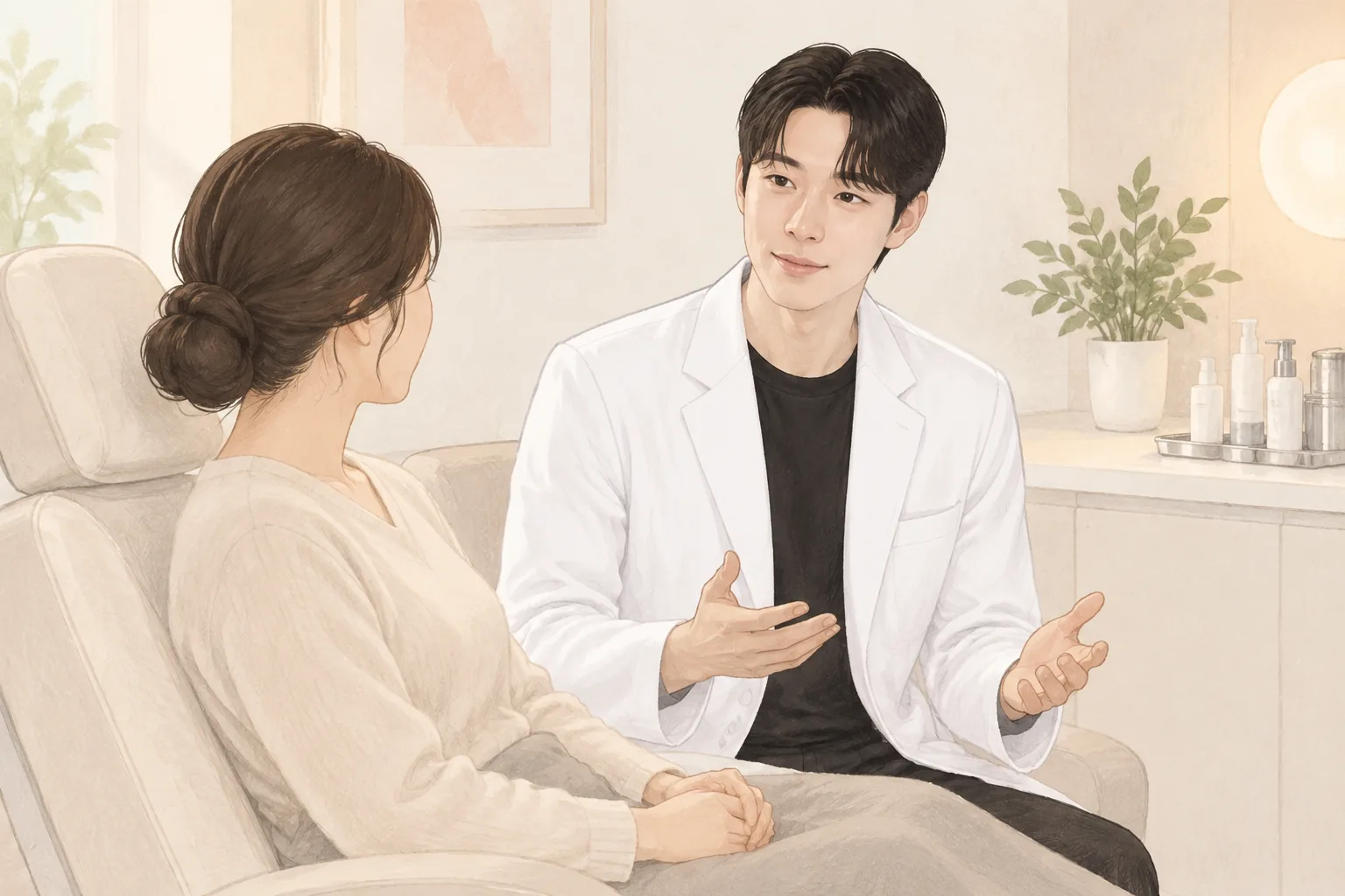 医師の白衣を着た男性が椅子に座って女性に説明する様子