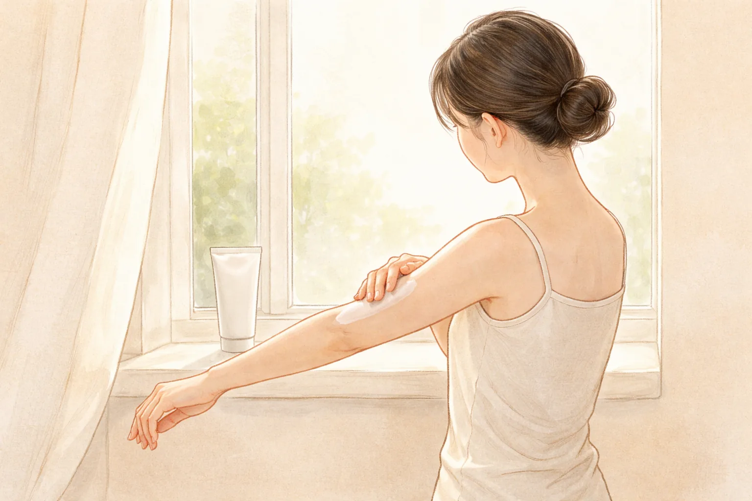 Vista trasera de una mujer con ropa blanca aplicando producto en el brazo junto a la ventana