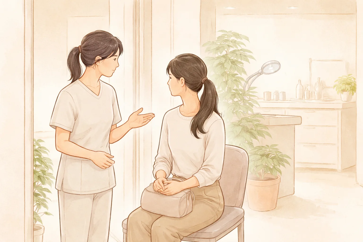 女性聽取術後說明,醫療人員在旁解說