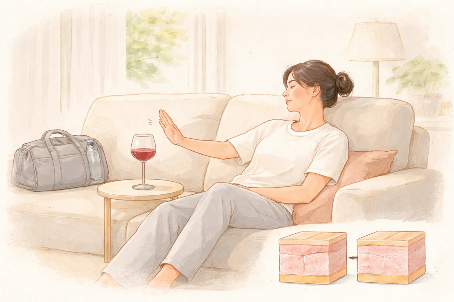 女性坐在沙发上抬手拒绝酒杯