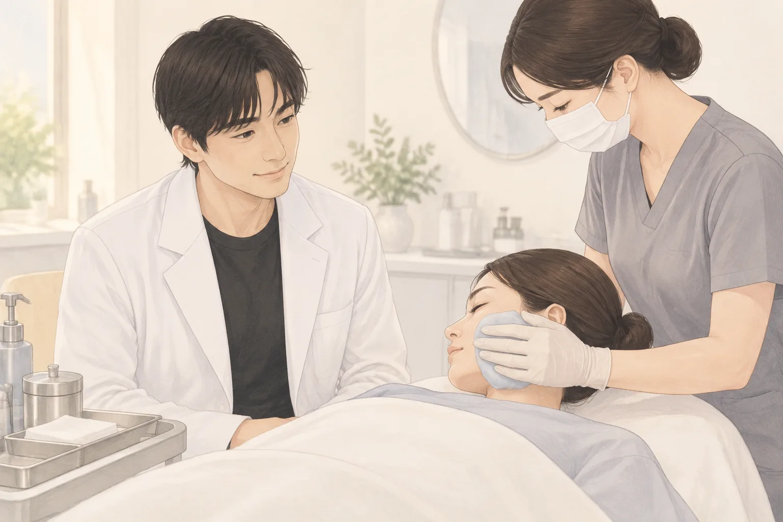 ベッドに横たわる患者の顔に手袋をした女性が冷たい圧迫を当て、男性が横で見守る様子