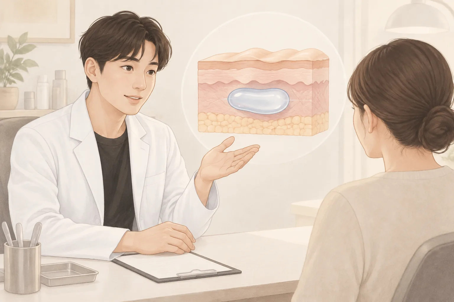 男性医師が皮膚の断面図を説明しながら女性患者とカウンセリングする場面