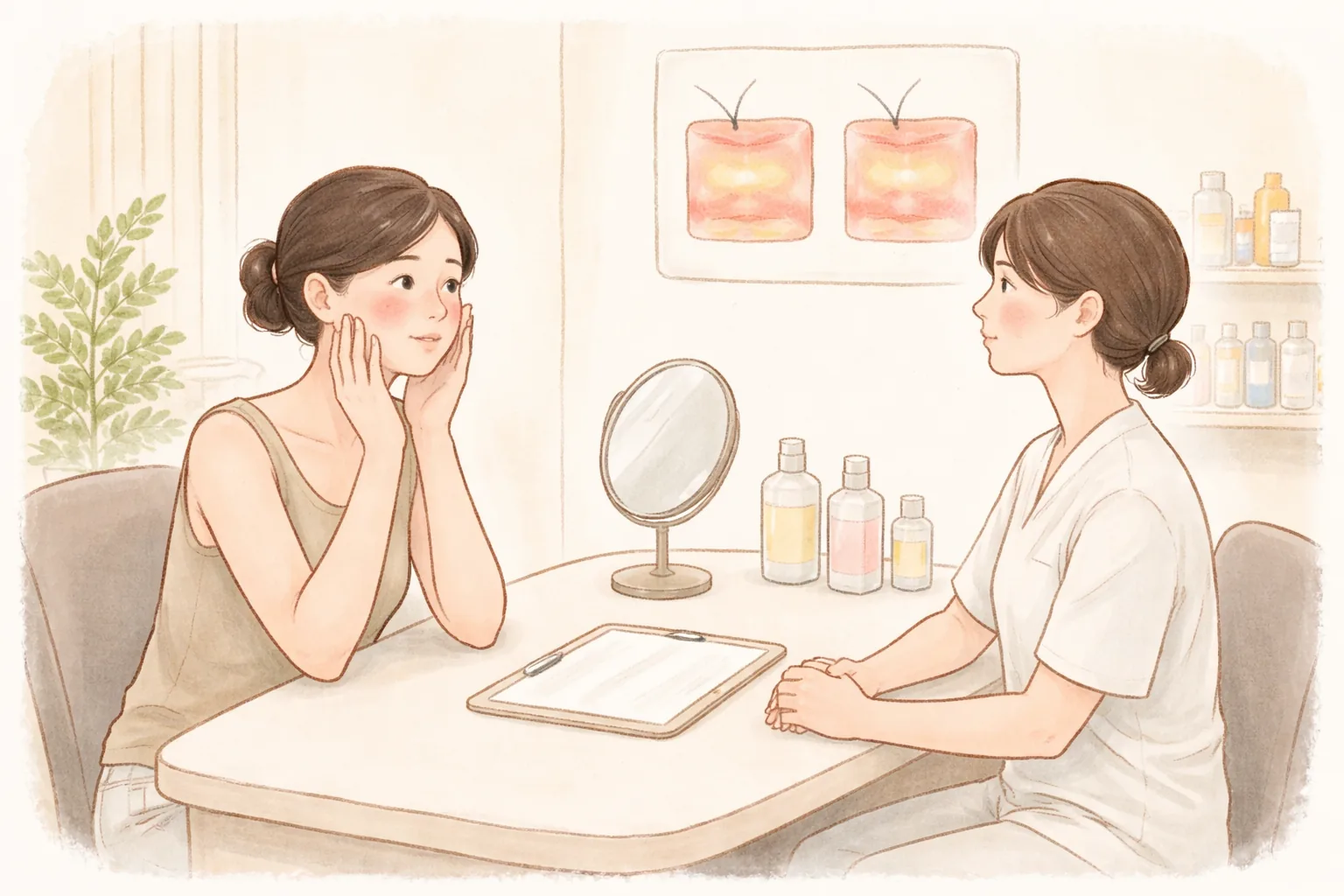 Woman with flushed cheeks seated at a consultation desk while a doctor looks on
