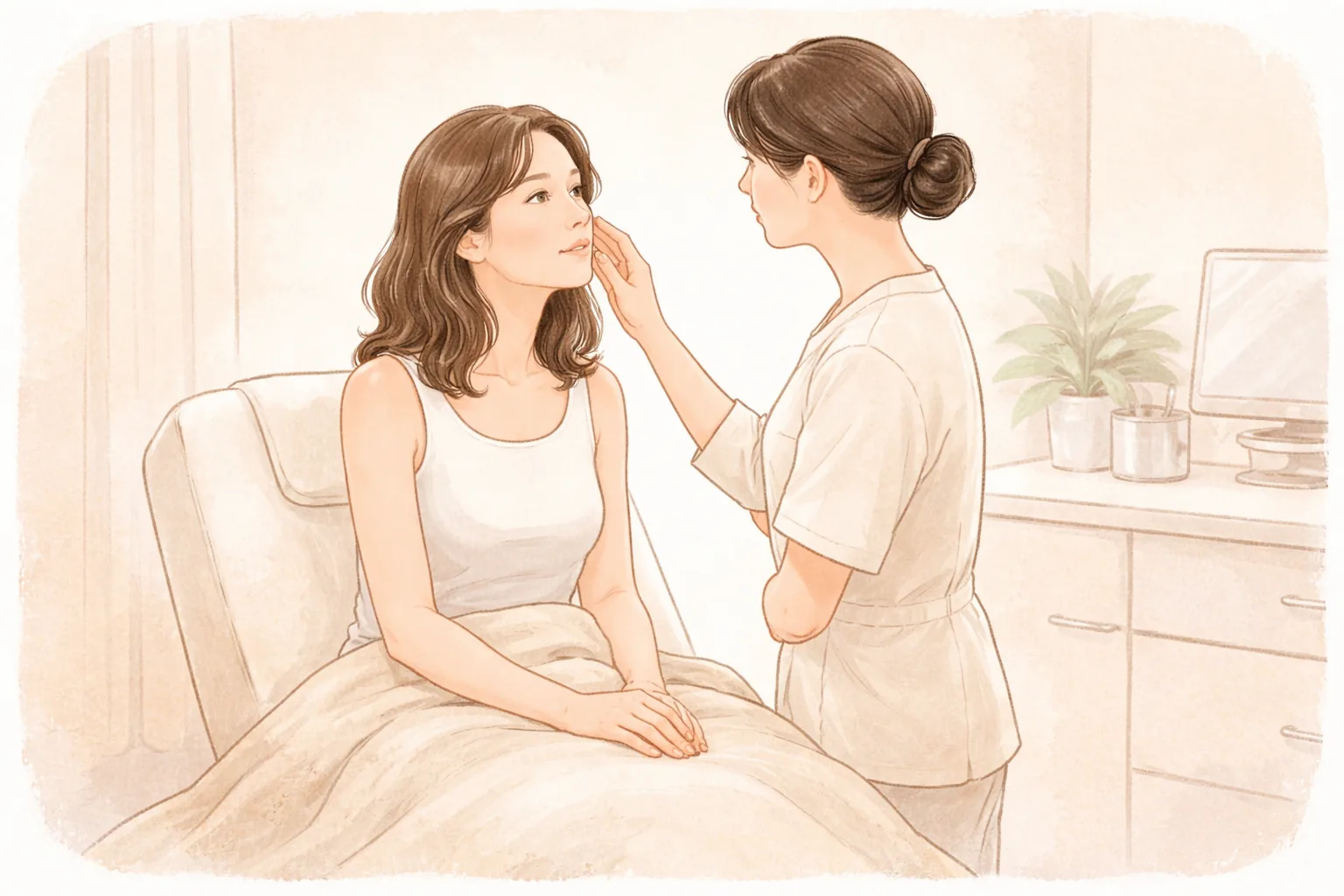 醫療人員查看坐在床上的女性臉頰