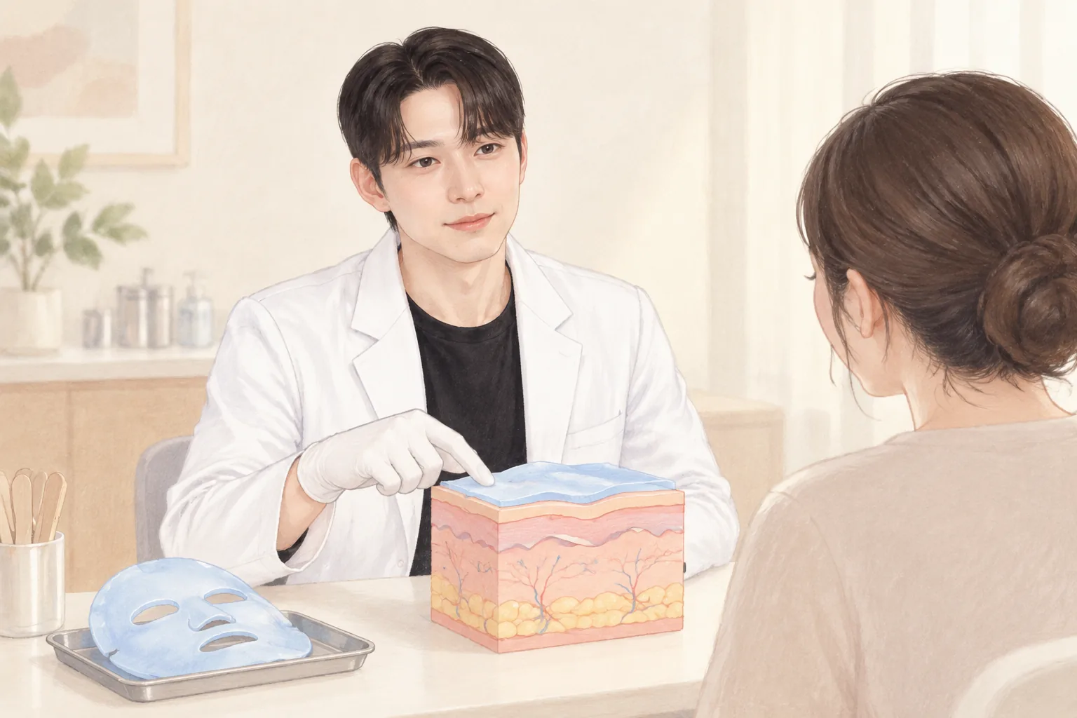 장갑 낀 남성이 피부 단면 모형의 표피층을 가리키며 여성에게 설명하는 모습