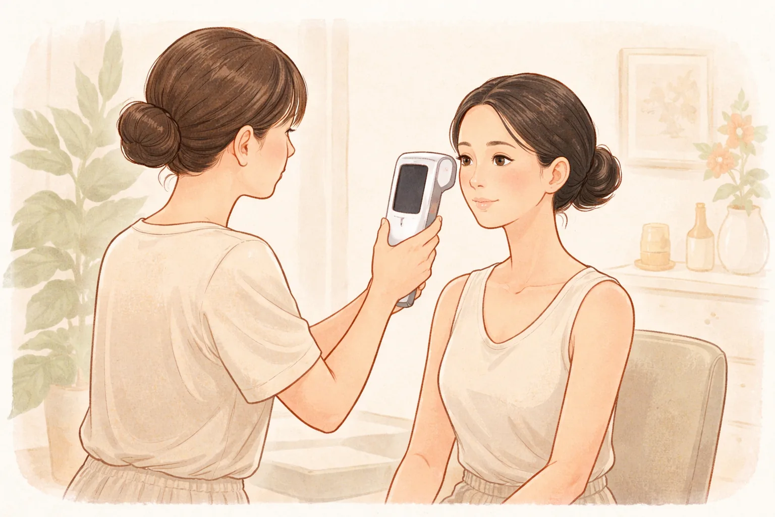 皮膚分析カメラで女性の顔を撮影する医療スタッフと座っている女性