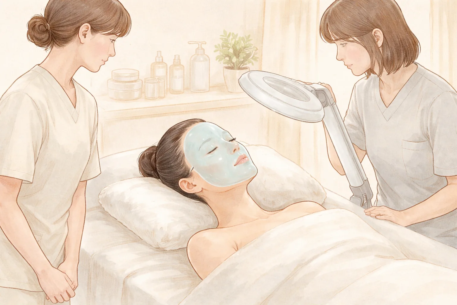 침대에 누워 얼굴에 냉각 젤 마스크를 한 여성과 두 명의 간호사