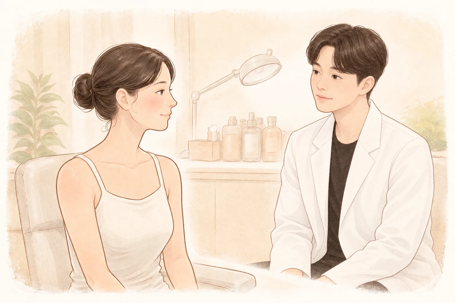 女性と医療スタッフが向かい合って座り話している