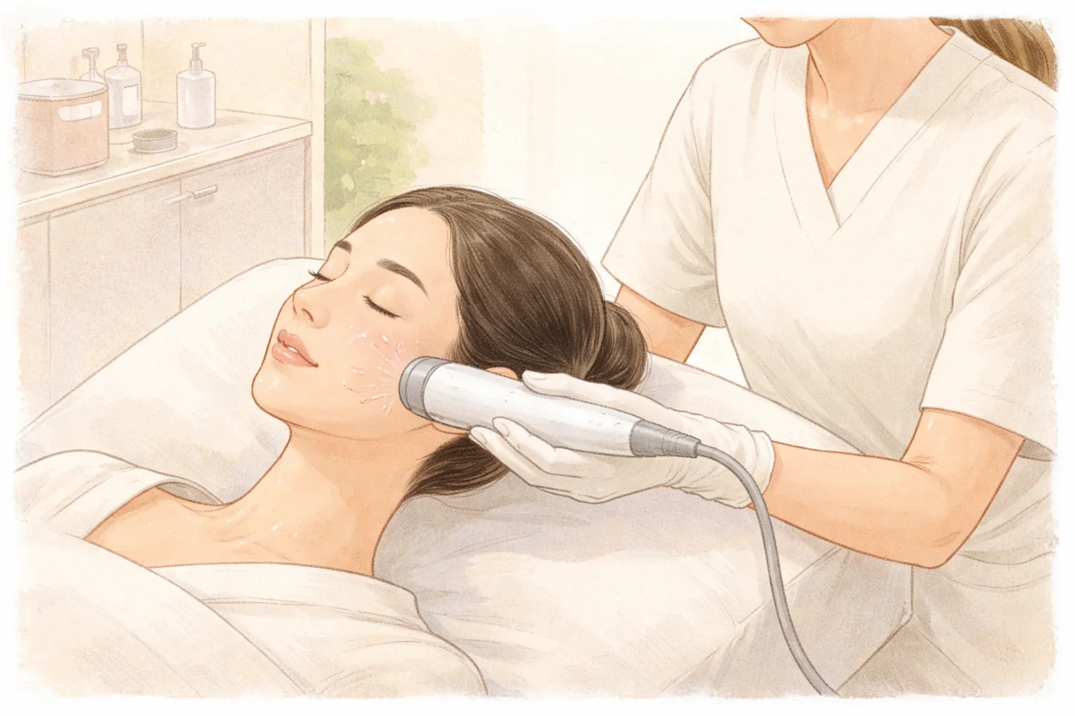 Woman lying on a bed with a device on her face and a gloved clinician beside her