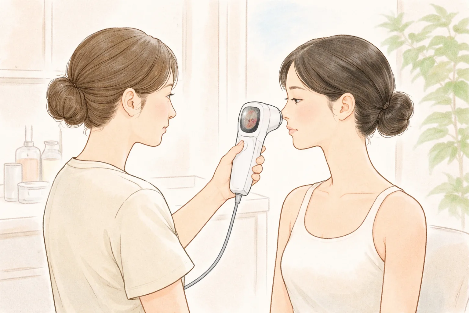 医療スタッフが肌分析カメラを女性の頬の前に当てている様子