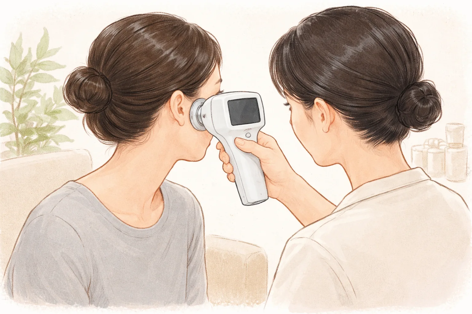 의료진이 여성의 볼에 피부 분석 기기를 대고 있음