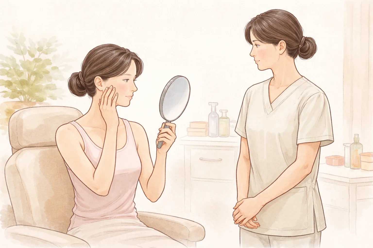 Woman checking her cheek in a hand mirror while another woman stands nearby watching