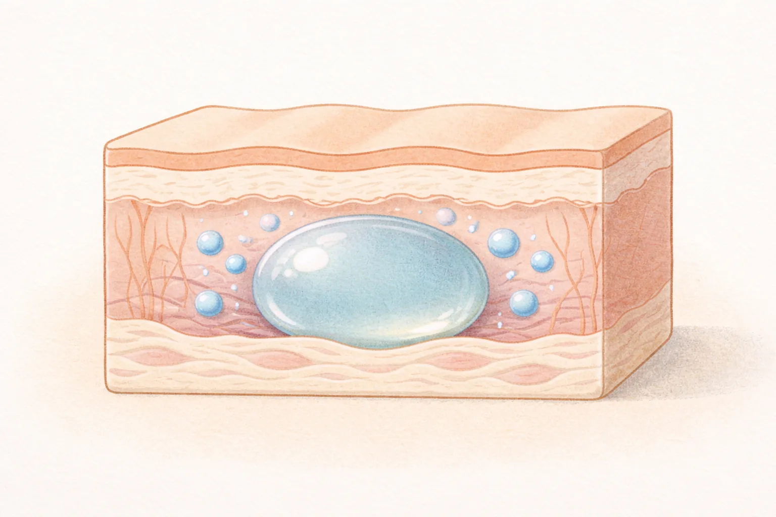 Potongan melintang kulit dengan zat gel di lapisan dermis
