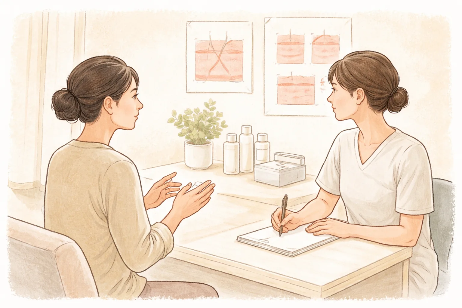 兩位女性隔著諮詢室桌子面對面交談