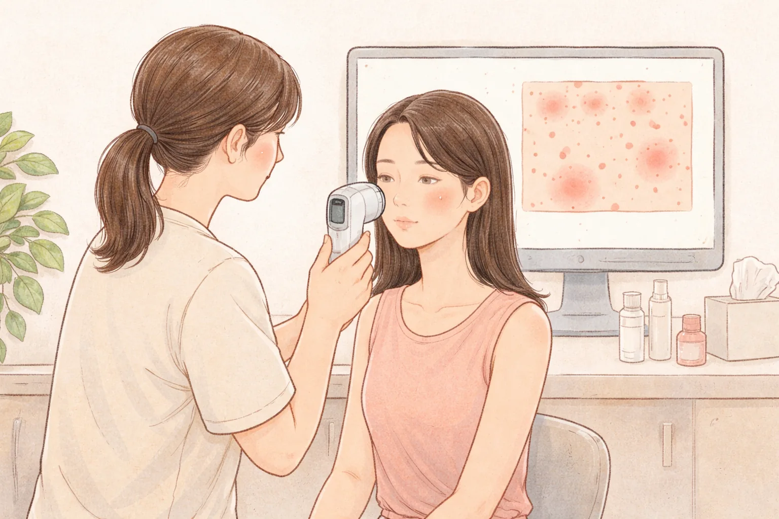 医护人员用皮肤分析相机拍摄女性脸颊