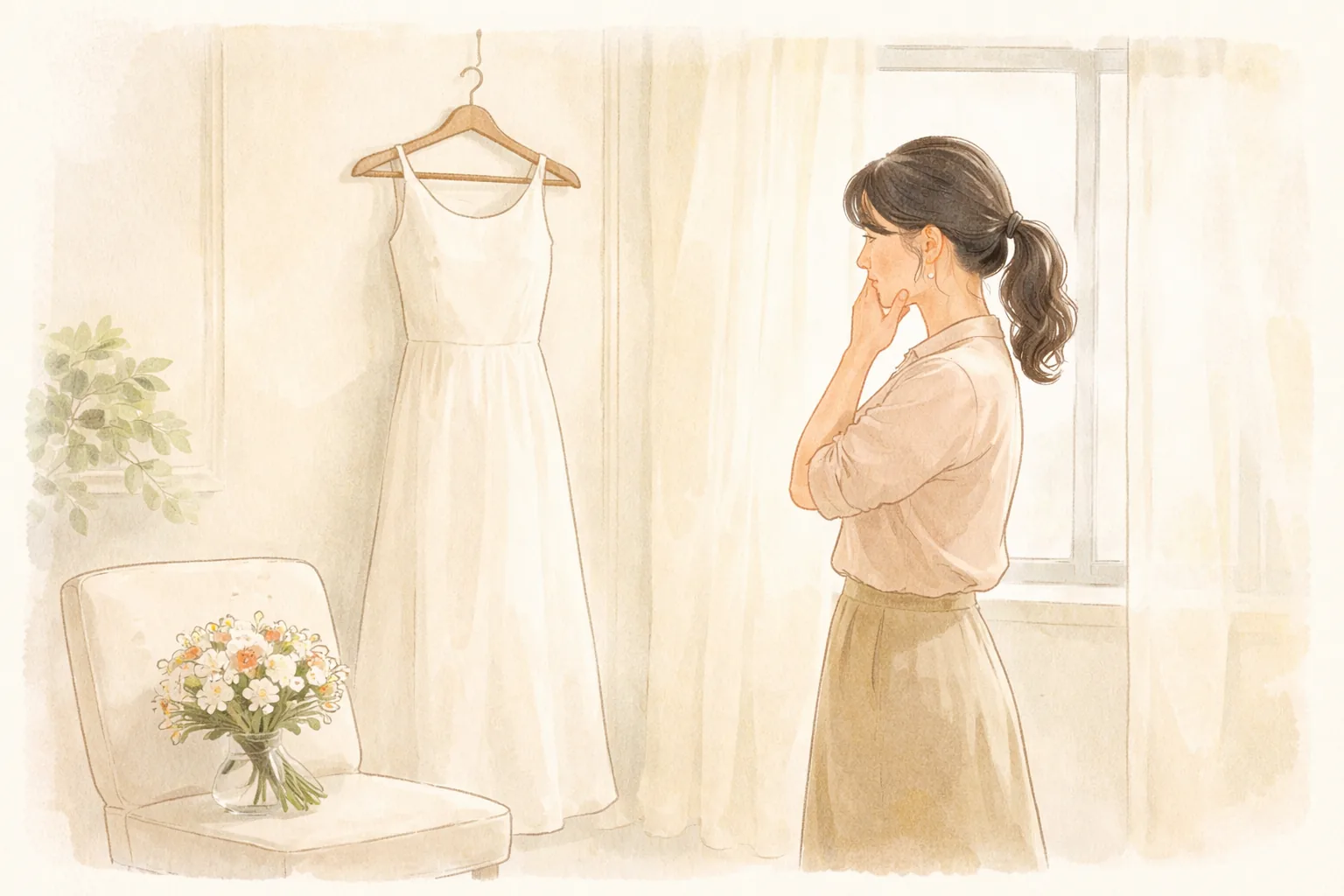 밝은 방에서 흰 드레스 옆에 서서 볼에 손을 대고 있는 여성