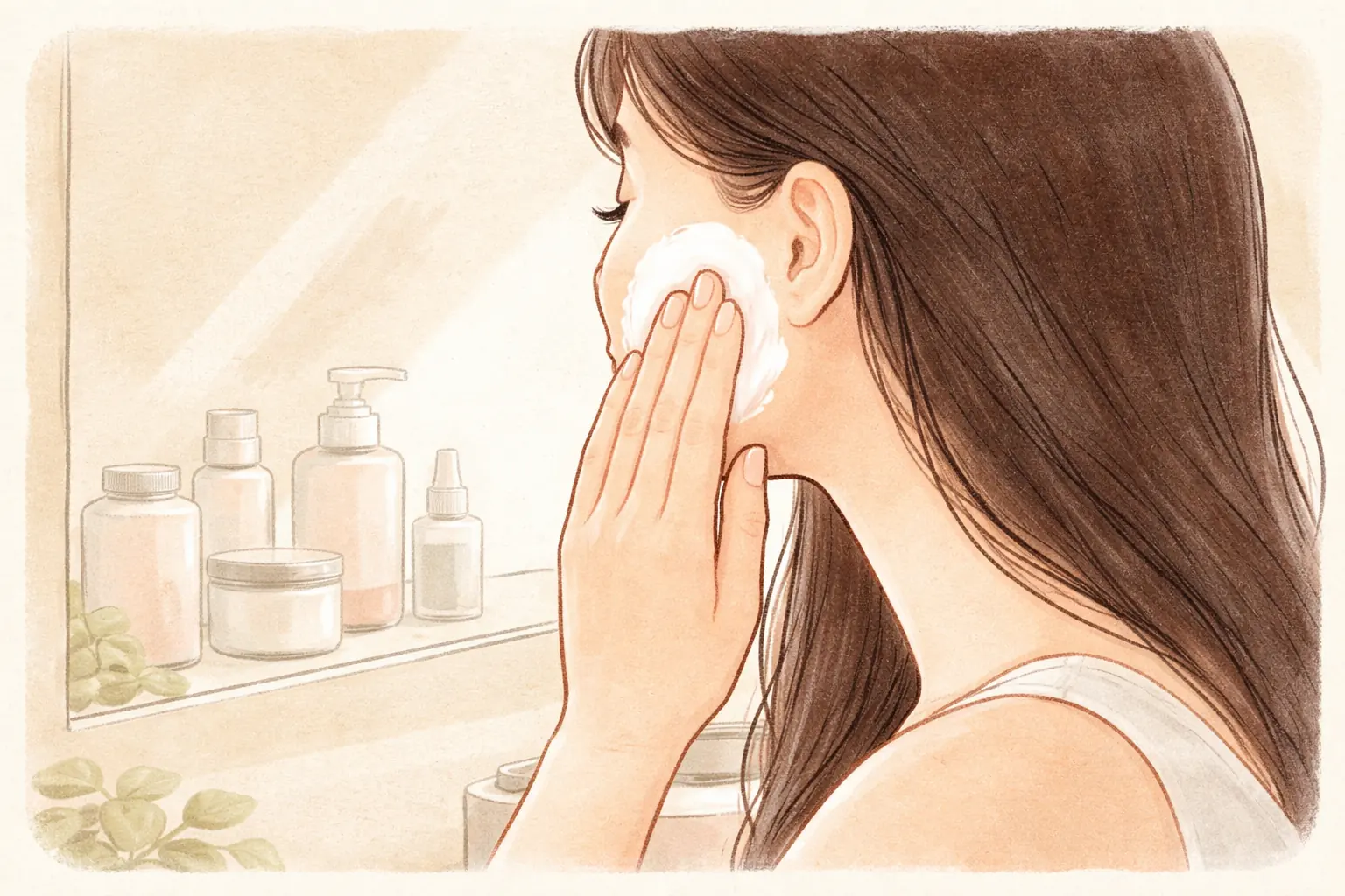 A woman applying cream to her cheek with her hand in front of a mirror