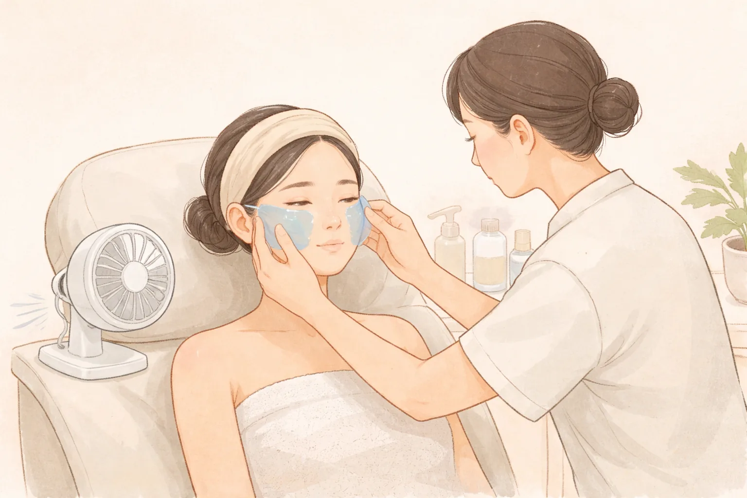 女子敷著冰涼凝膠面膜，醫療人員輕觸其臉頰