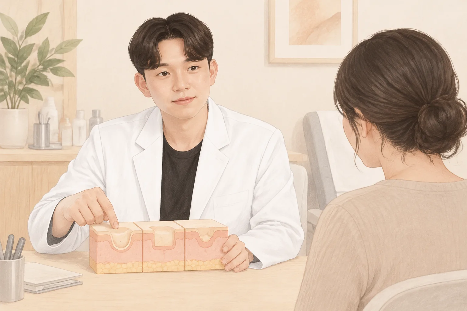 흰 가운을 입은 남자가 피부 단면 모형을 가리키며 여성에게 설명하는 모습