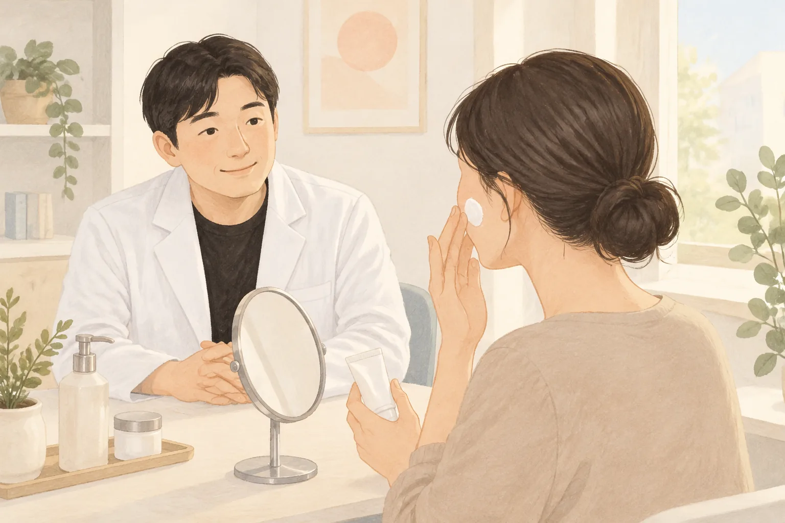 窓際で日焼け止めを顔に塗る女性患者と見守る男性医師
