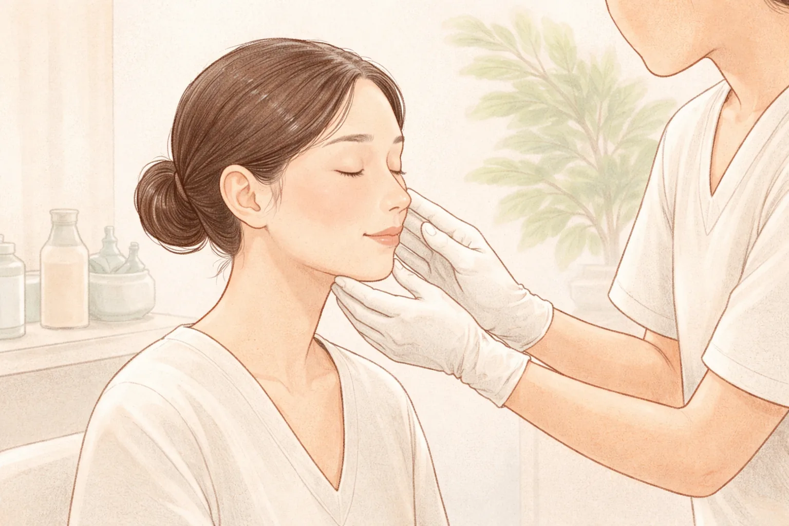 手袋をした医療スタッフが患者の頬を押して肌の反応を確認する様子