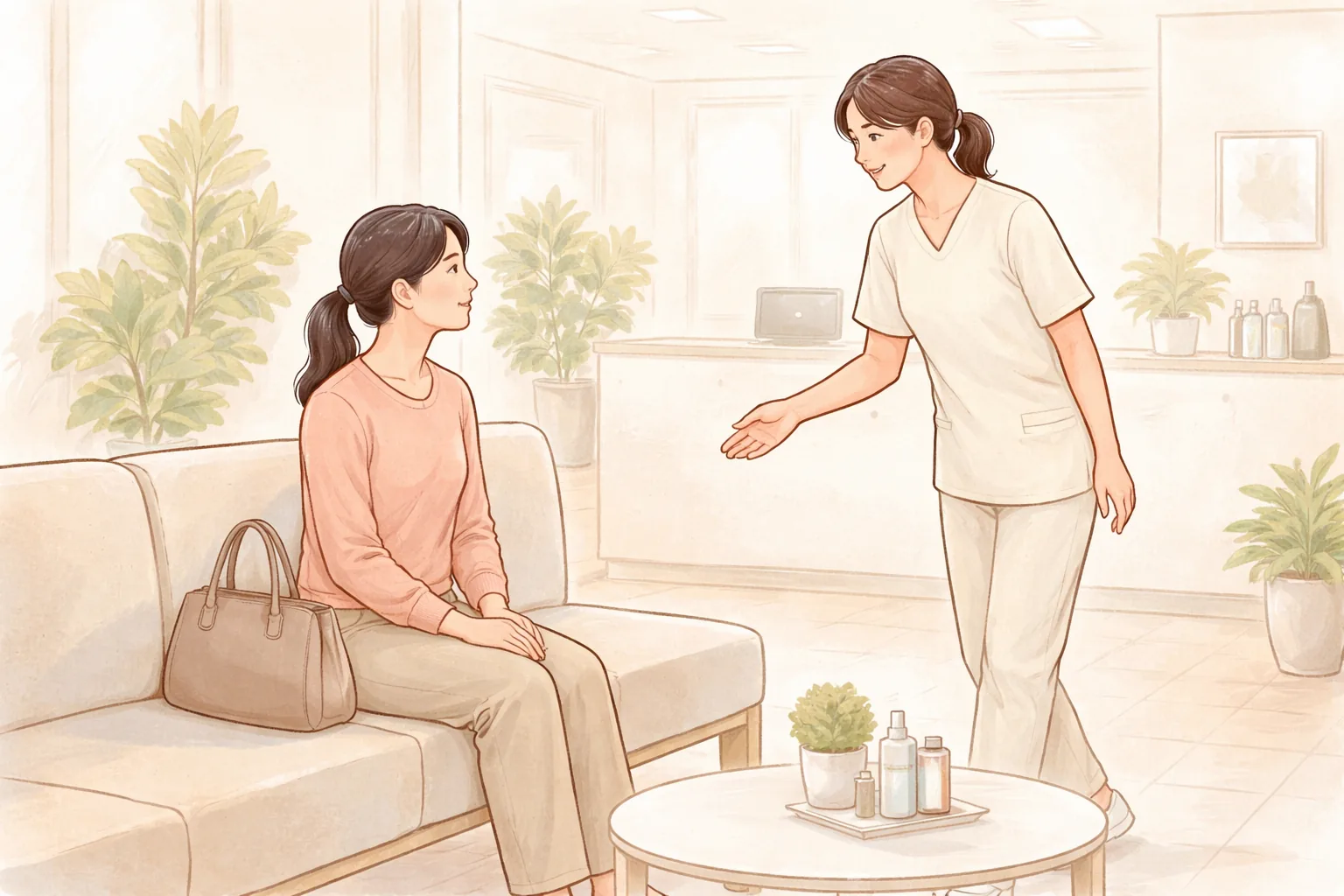 女性坐在候診室沙發上,女性醫療人員向她打招呼