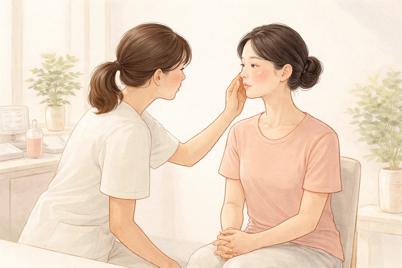 患者の頬を確認する医療スタッフと、手を組んだ患者2人が向かい合って座っている