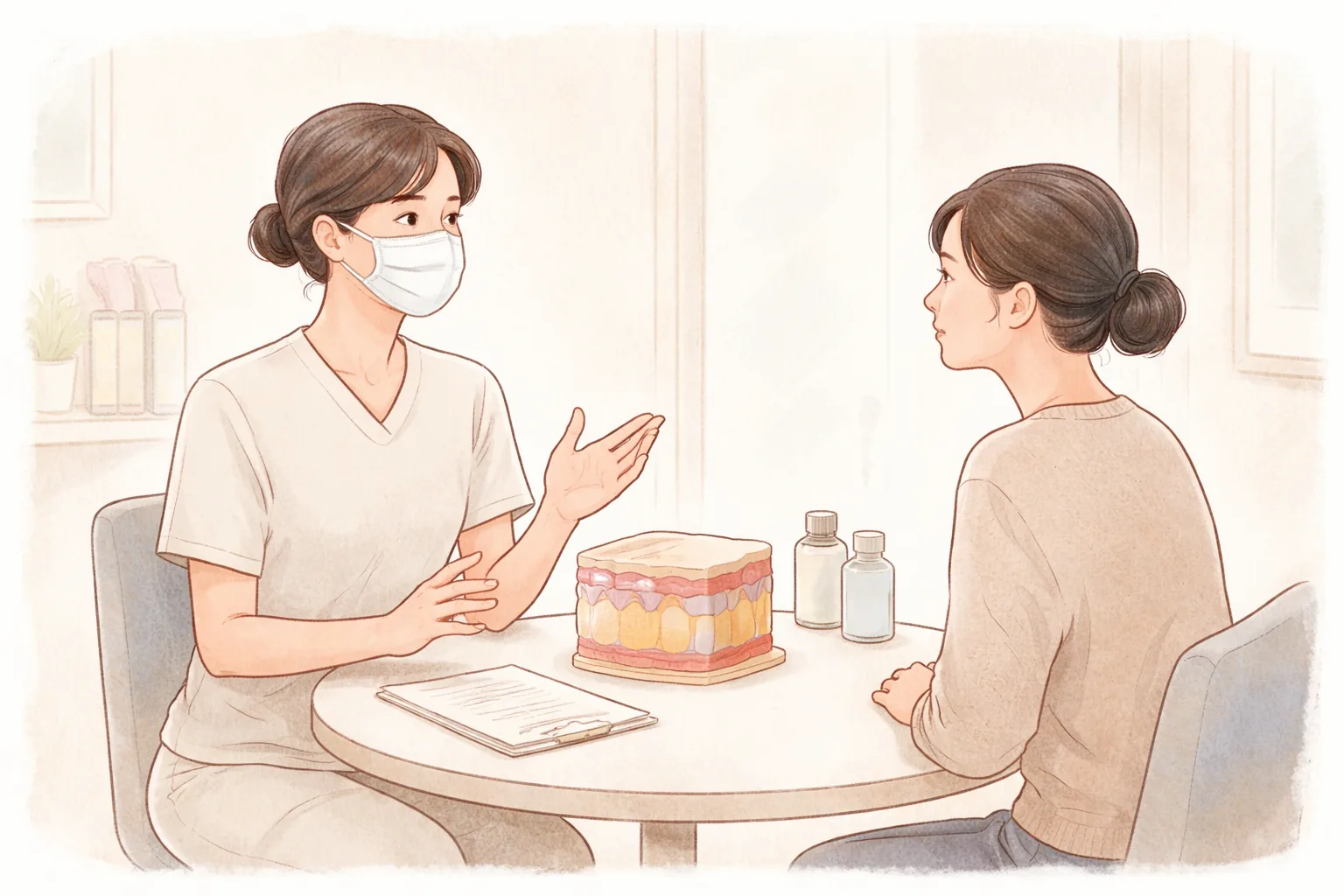 マスクをした医療スタッフと女性が机に向かい、皮膚模型を見ながら話している様子