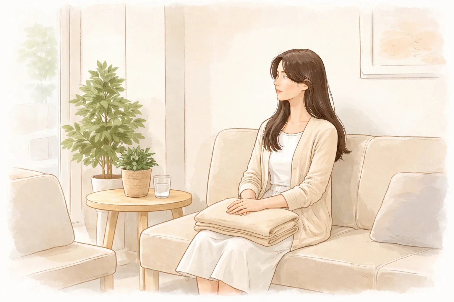A woman sitting comfortably under a blanket on a sofa in a waiting area, with a plant and glass of water on the side table