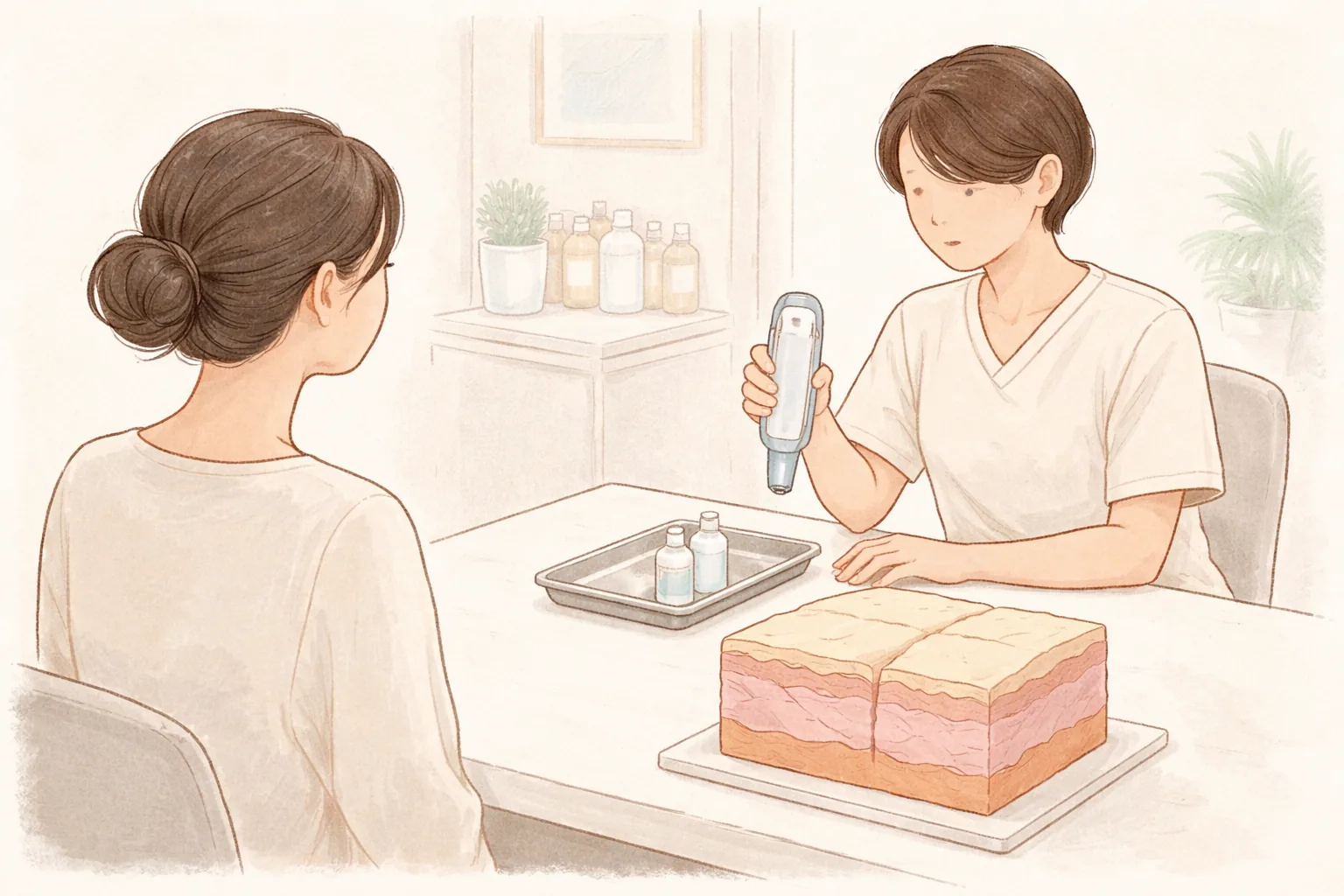 Woman talking with a clinician in a consultation room, with a skin cross-section model and two containers on the table