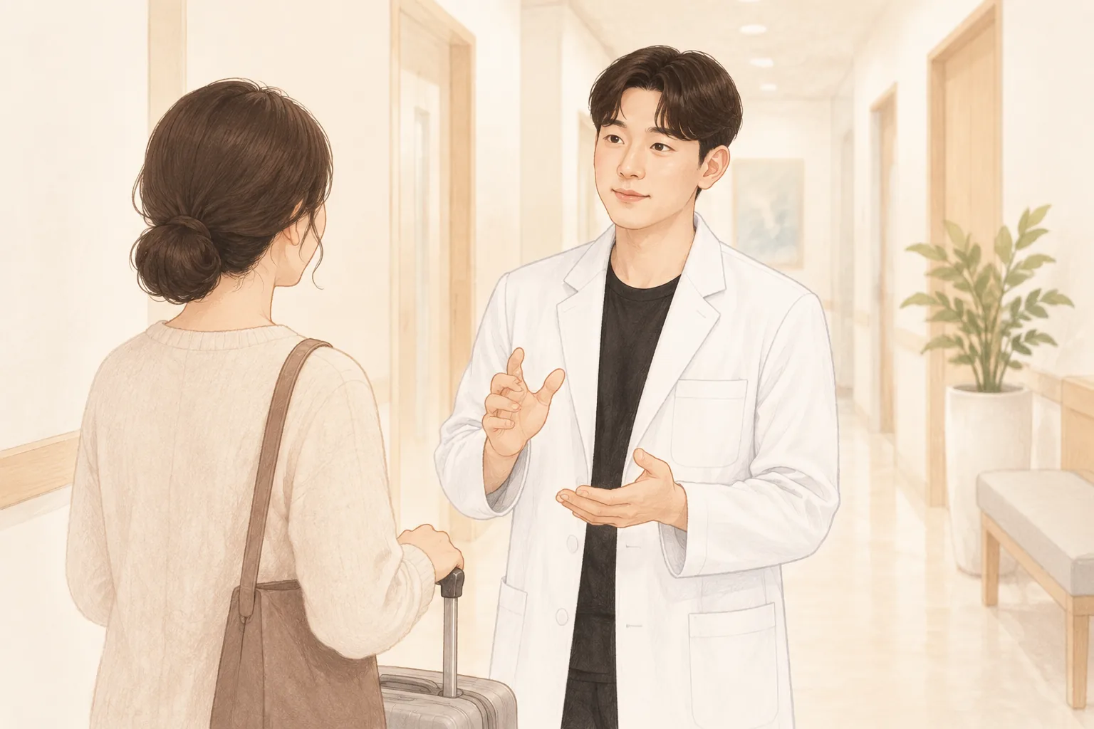 복도를 배경으로 캐리어를 옆에 둔 여성과 의사가 대화하는 모습