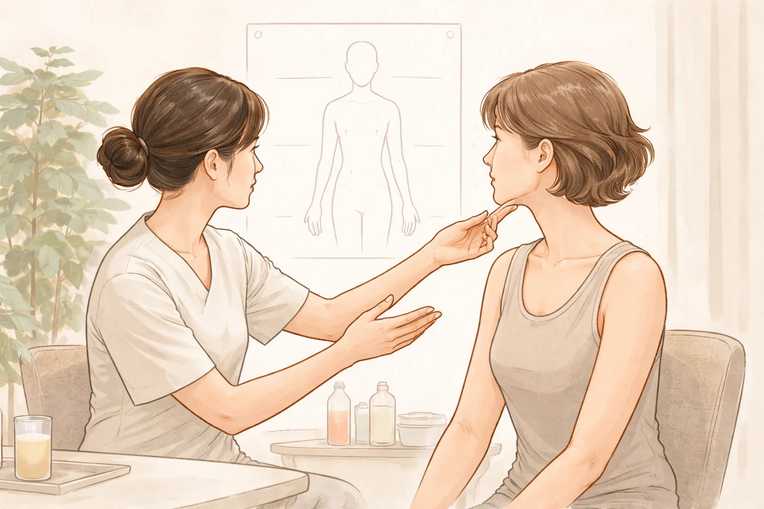 医护人员查看患者下颌线并进行咨询
