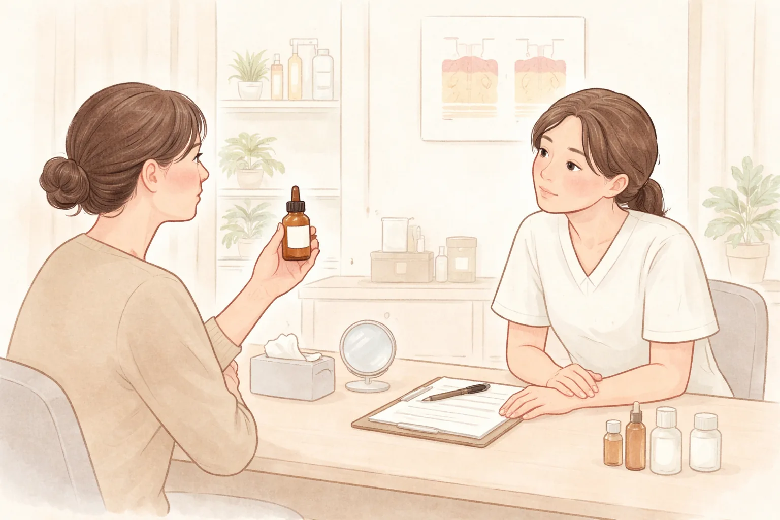 Dos mujeres conversando con el personal médico mientras sostienen un pequeño frasco marrón en la sala de consulta