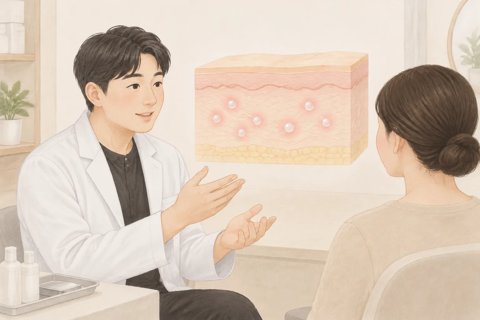 皮膚の断面図を見せながら女性患者に説明する男性医師