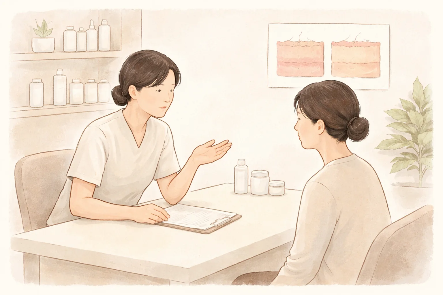 상담실에서 손짓하며 설명하는 의료진과 듣고 있는 여성 두 명