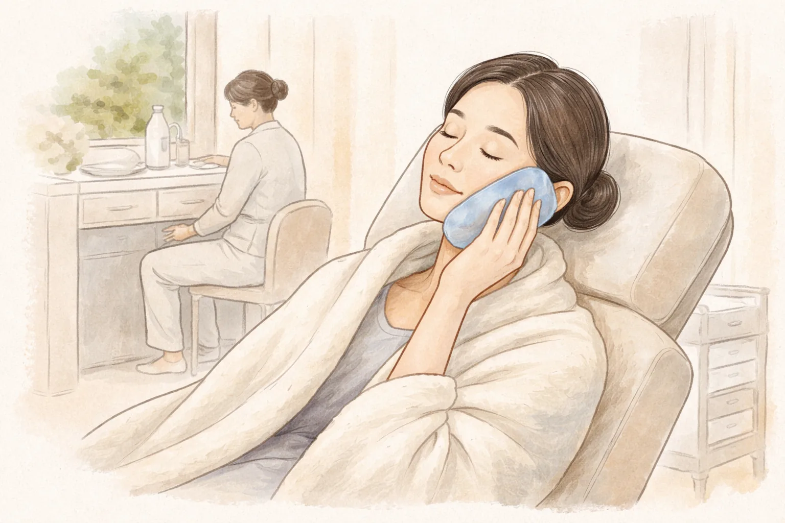 坐在椅子上用冷敷贴敷脸颊放松休息的女性