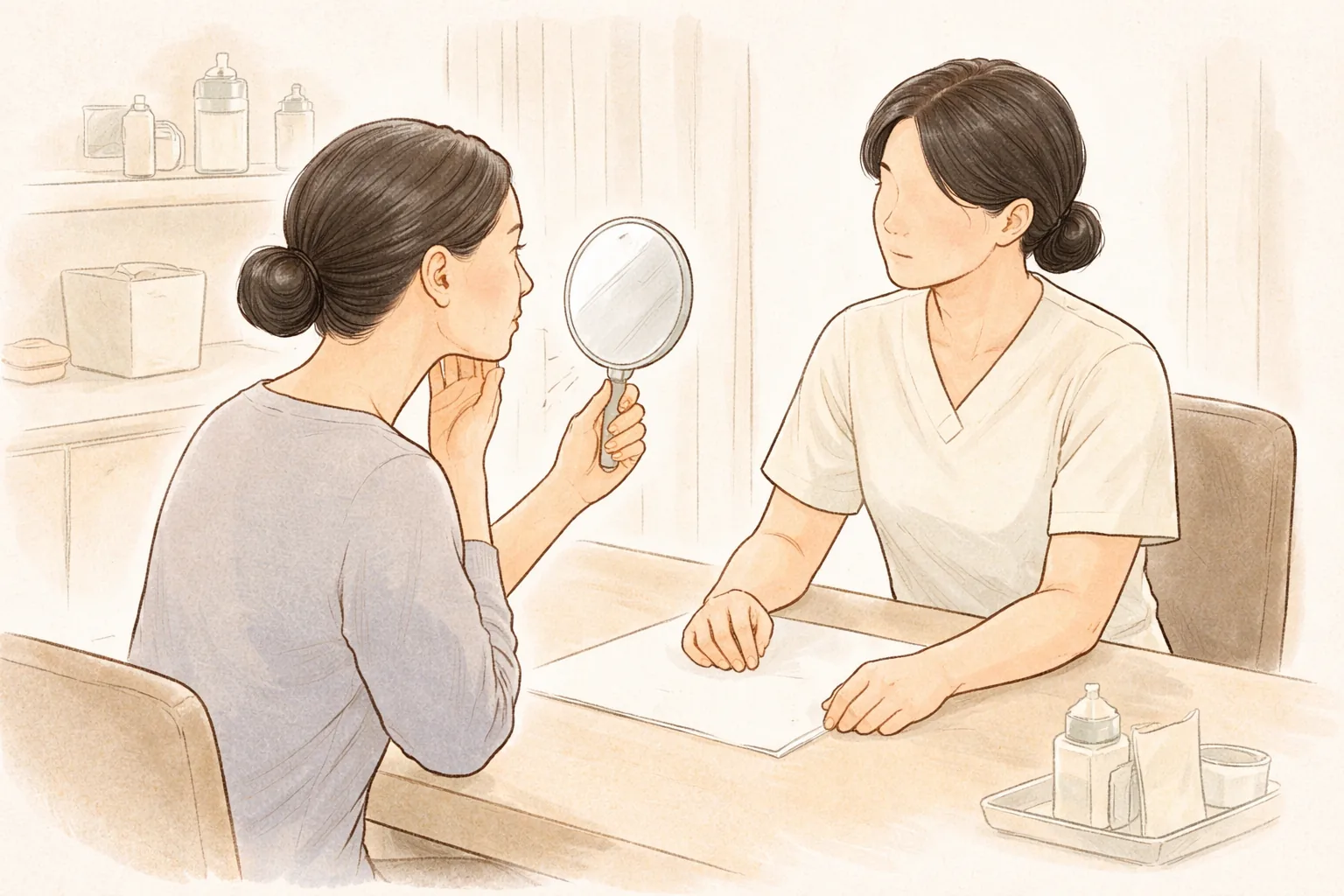 手鏡を持つ医療スタッフと鏡を見ながら頬を触る女性