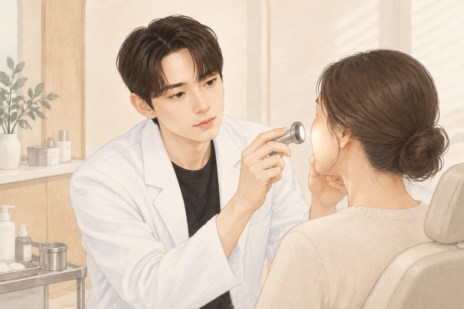 진료복을 입은 남성이 휴대용 조명으로 앉아있는 여성 환자의 얼굴을 살펴봄