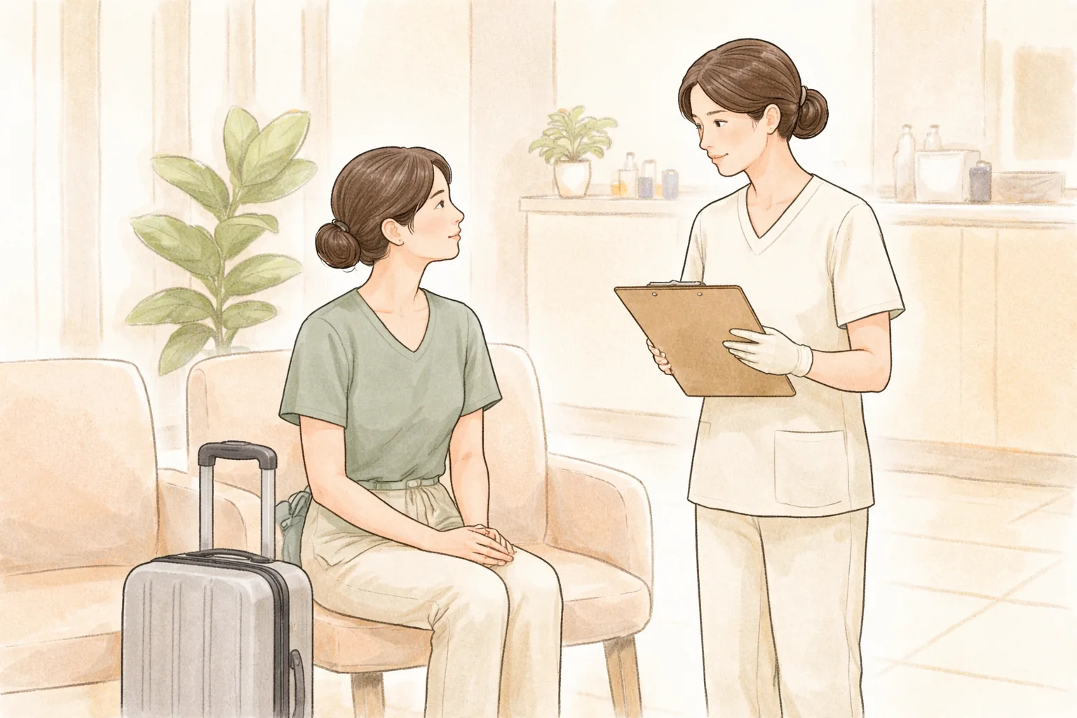 Woman sitting on a chair next to a suitcase while a clinician stands and explains