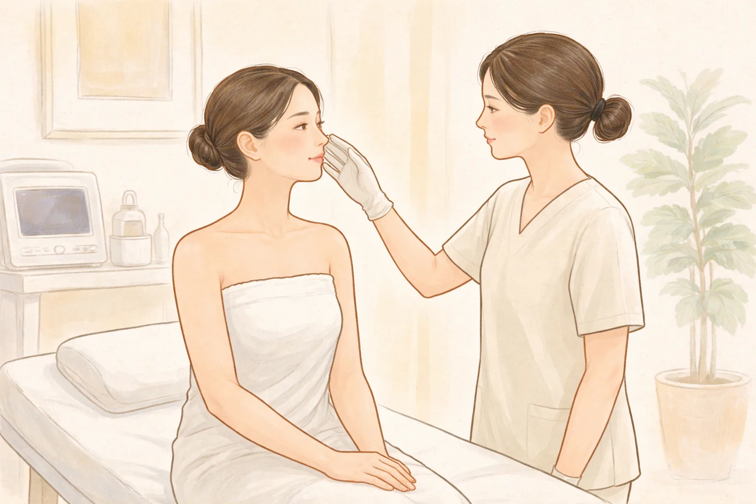 Clinician examining a seated woman's cheek with gloved hands