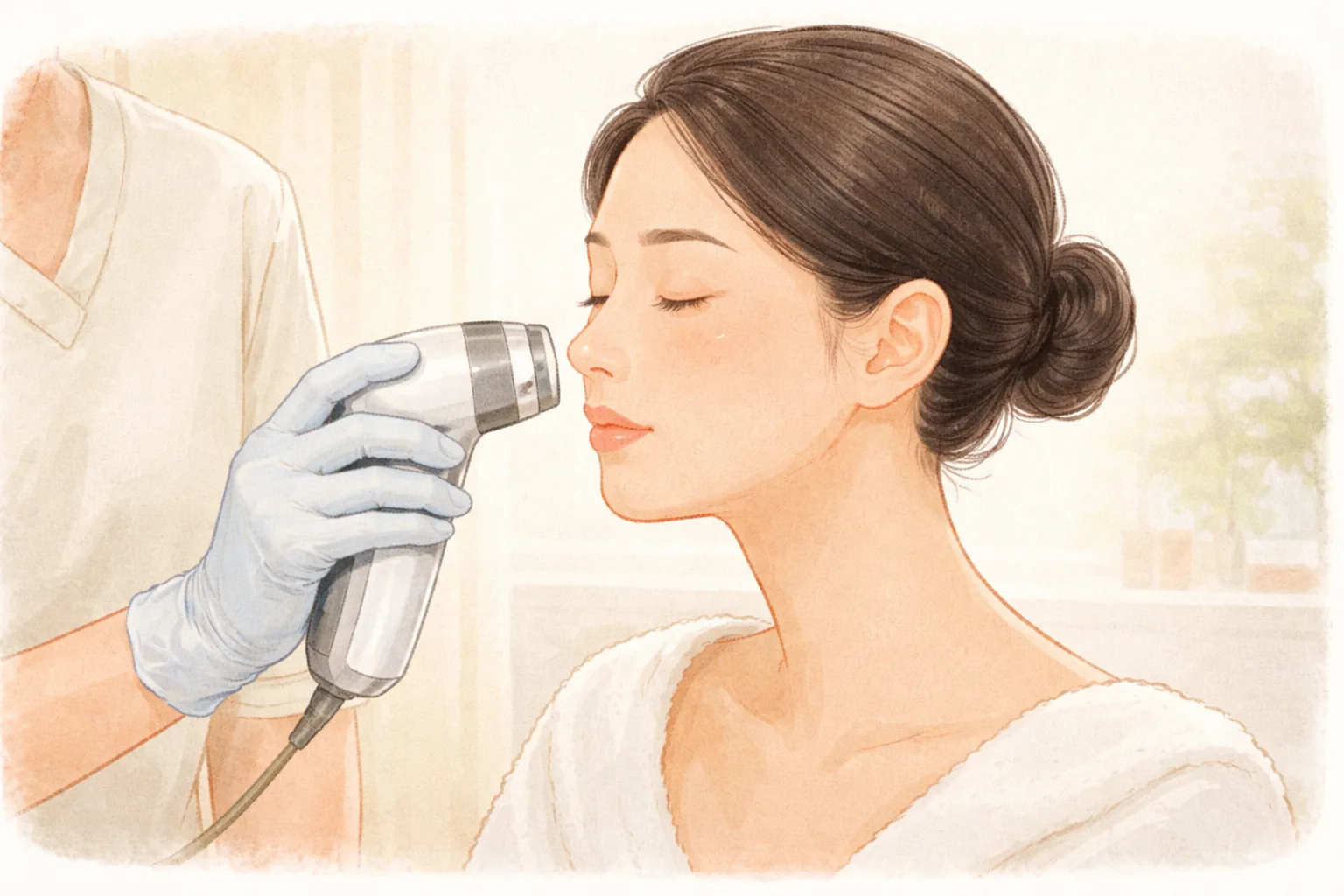 Gloved clinician holding a skin analysis camera close to a woman's cheek