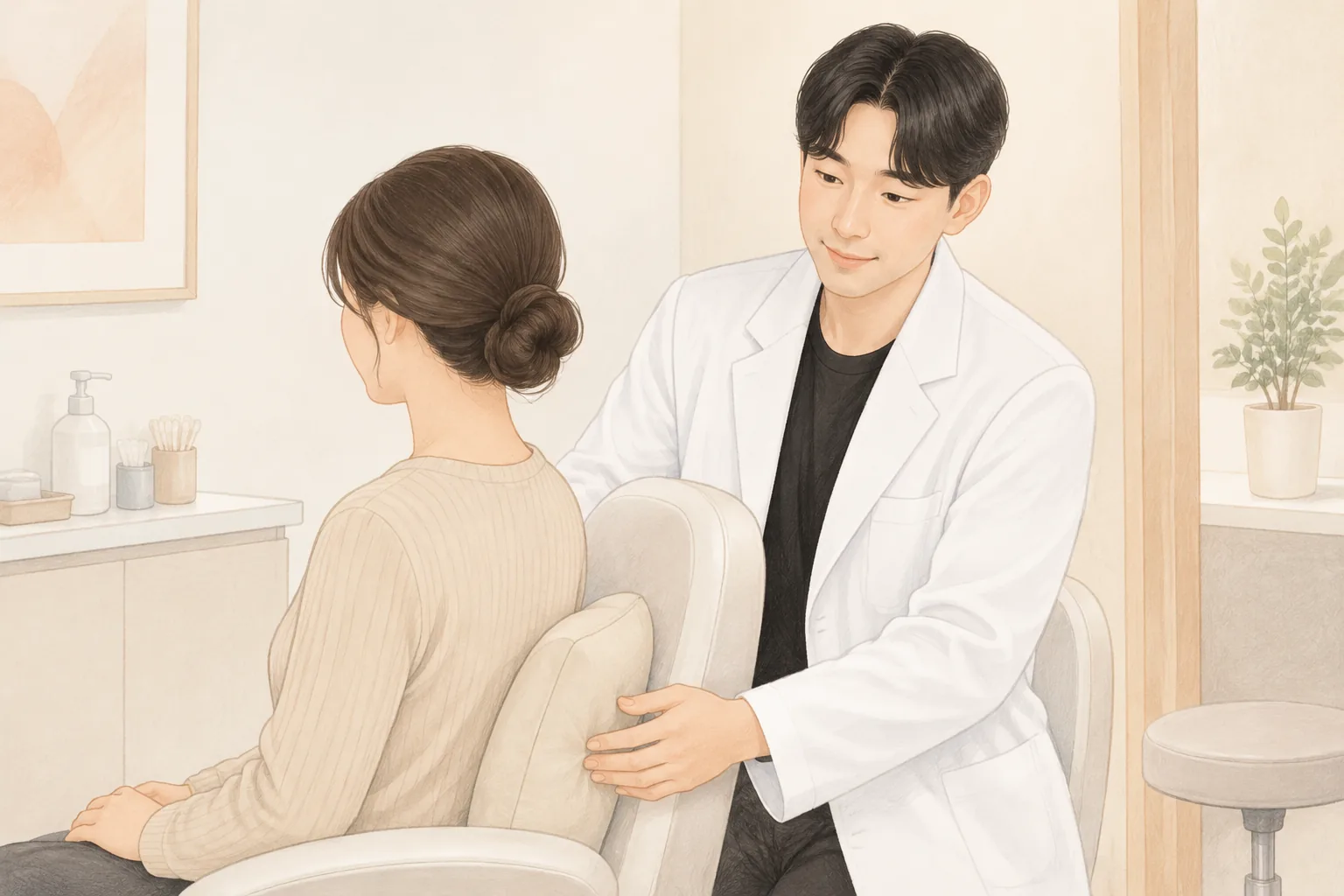 醫師在女性背後協助放置靠墊
