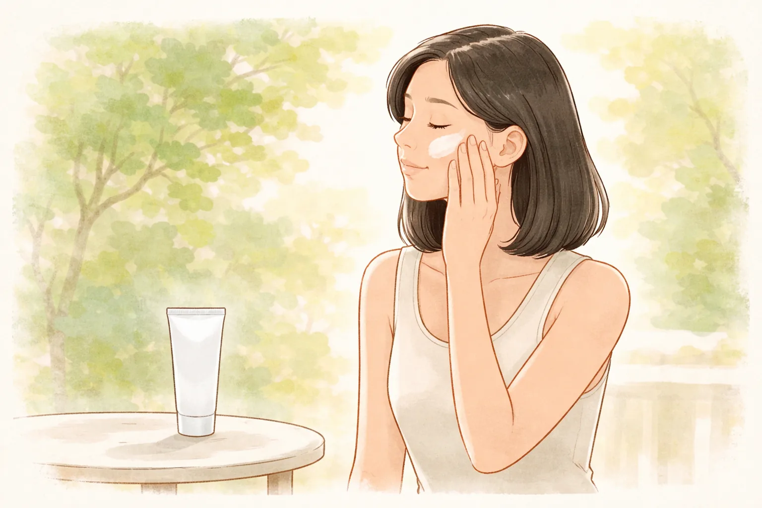屋外でテーブルの横に座りほおに日焼け止めを塗る女性