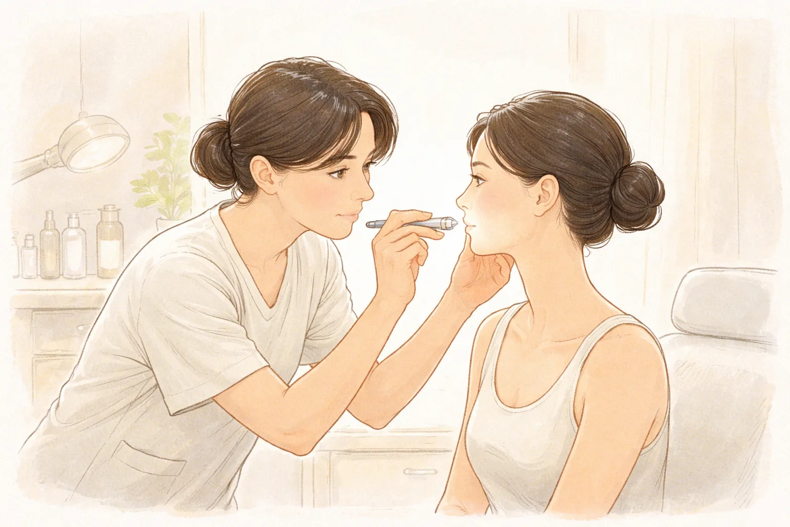 의료진이 펜라이트로 앉은 여성의 볼을 살피고 있음