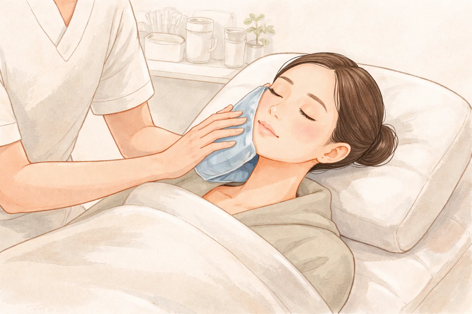 体を毛布で覆って横たわる女性の顔に別の人が布で包んだ温冷パックを当てている