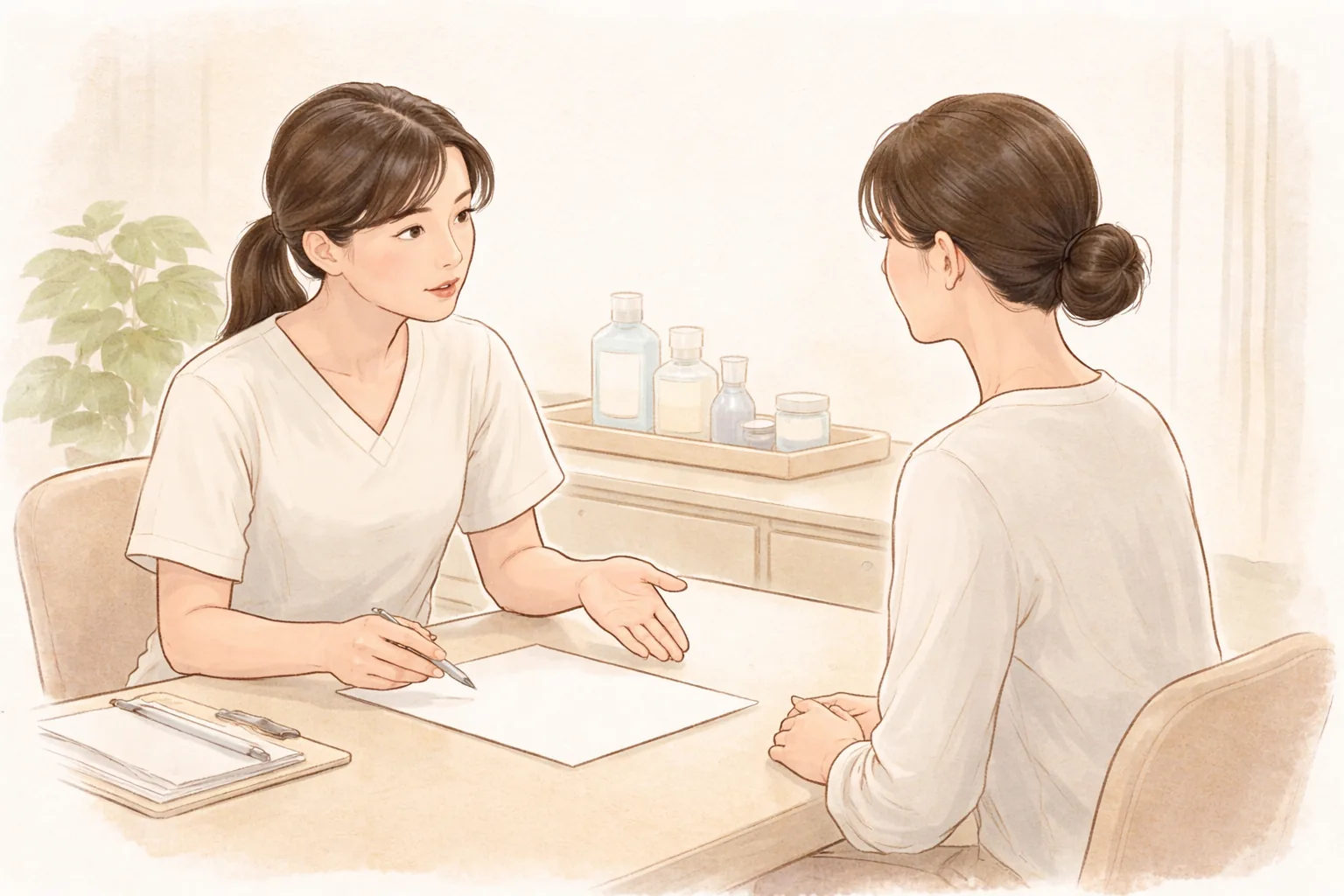 Personal médico y una mujer conversando con papeles en blanco en una mesa de consulta